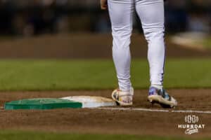 LSU Tiger infielder Steven Milam (4) singles in the ninth inning against the Arkansas Razorbacks during the College World Series on Wednesday, June 18, 2025 in Omaha, Nebraska. Photo by John S. Peterson.