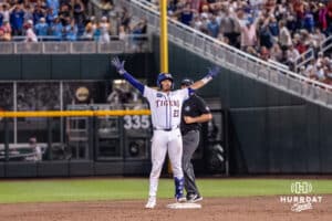 LSU Tiger catcher Luis Hernandez (23) celebrates during a baseball game Thursday June 18th 2025 in Omaha Nebraska. Photo by Brandon Tiedemann.