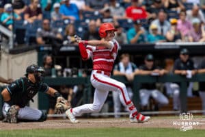 Louisville Cardinal Garret Pike (2) hits a one run single against the Coastal Carolina Chanticleers in the sixth inning during the College World Series on Wednesday, June 18, 2025 in Omaha, Nebraska. Photo by John S. Peterson.