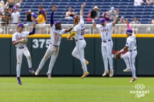 LSU Tigers celebrate their win over the UCLA Bruins during the College World Series on Tuesday, June 17, 2025 in Omaha, Nebraska. Photo by John S. Peterson.