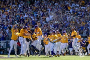 LSU Tigers celebrate the win over the Coastal Carolina Chanticleers in the second game of the finals during the College World Series on Sunday, June 22, 2025 in Omaha, Nebraska. Photo by John S. Peterson.