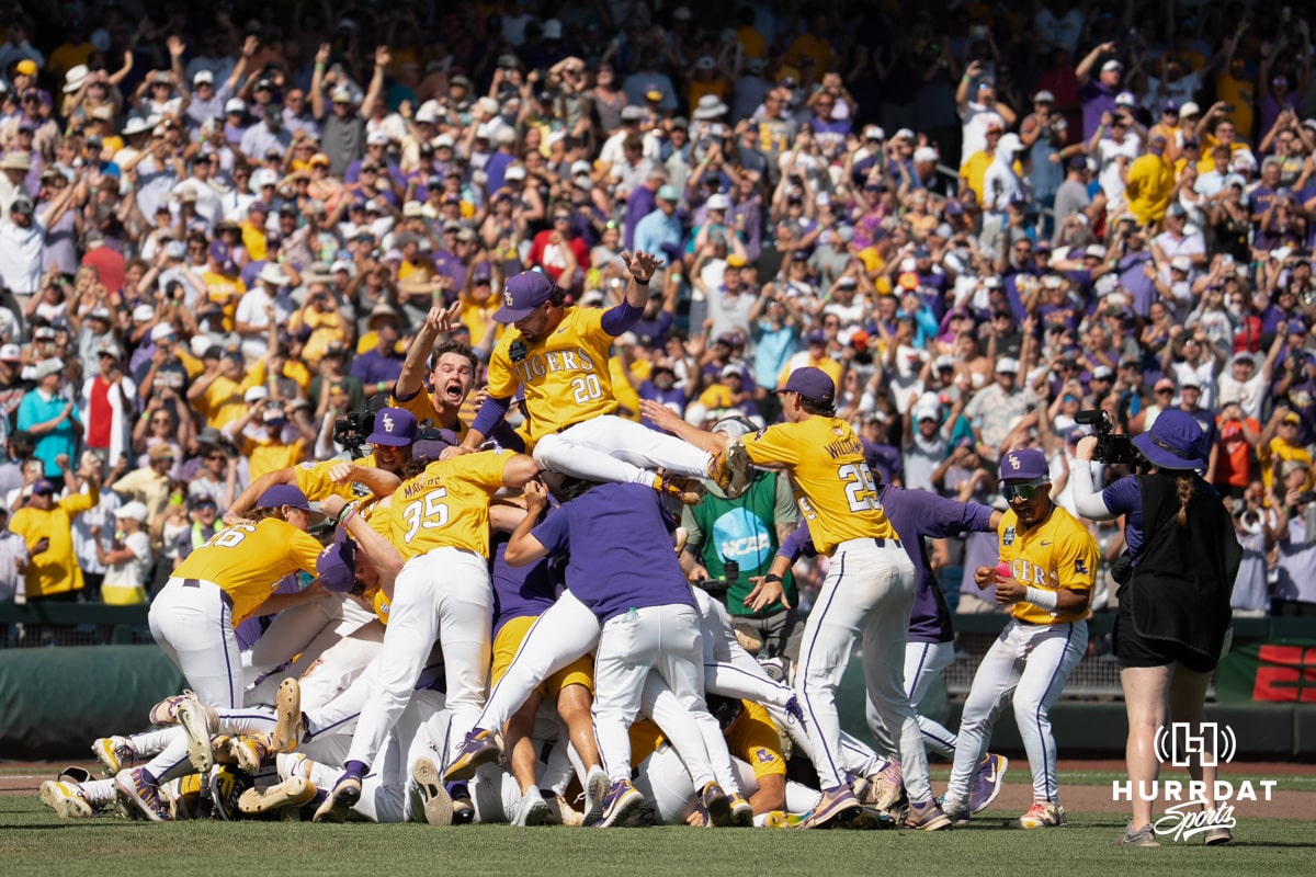LSU Tigers dog pile after a baseball game Sunday June 22nd 2025 in Omaha Nebraska. Photo by Brandon Tiedemann.