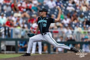 Coastal Carolina Chanticleer pitcher Hayden Johnson (18) throws a pitch in the seventh inning against the Louisville Cardinals during the College World Series on Wednesday, June 18, 2025 in Omaha, Nebraska. Photo by John S. Peterson.