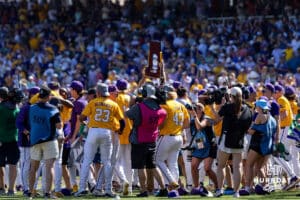 LSU Tigers celebrate the win over the Coastal Carolina Chanticleers in the second game of the finals during the College World Series on Sunday, June 22, 2025 in Omaha, Nebraska. Photo by John S. Peterson.