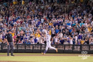LSU Tiger first baseman Jared Jones (22) celebrates a walk off win during a baseball game Thursday June 18th 2025 in Omaha Nebraska. Photo by Brandon Tiedemann.