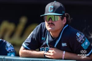 Coastal Carolina Chanticleer Tadan Bell (33) watches the LSU Tigers celebrate their win in the second game of the finals during the College World Series on Sunday, June 22, 2025 in Omaha, Nebraska. Photo by John S. Peterson.