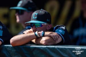 Coastal Carolina Chanticleers watch LSU Tigers celebrate their win in the second game of the finals during the College World Series on Sunday, June 22, 2025 in Omaha, Nebraska. Photo by John S. Peterson.