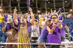 LSU Tiger fans celebrate the win over the Arkansas Razorbacks during the College World Series on Wednesday, June 18, 2025 in Omaha, Nebraska. Photo by John S. Peterson.