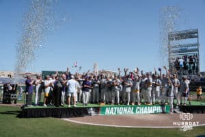 LSU Tigers pose after a baseball game Sunday June 22nd 2025 in Omaha Nebraska. Photo by Brandon Tiedemann.