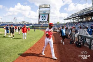 Louisville Cardinal outfielder Eddie King Jr. (42) heads to the dugout after the loss to the Coastal Carolina Chanticleers during the College World Series on Wednesday, June 18, 2025 in Omaha, Nebraska. Photo by John S. Peterson.