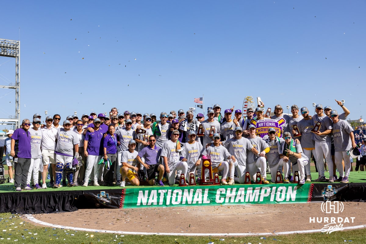 LSU Tigers pose with trophy after winning the National Championship over the Coastal Carolina Chanticleers in the second game of the finals during the College World Series on Sunday, June 22, 2025 in Omaha, Nebraska. Photo by John S. Peterson.