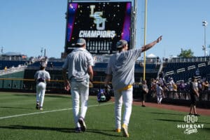 LSU Tiger pitcher Chase Shores (34) waves to fans after a baseball game Sunday June 22nd 2025 in Omaha Nebraska. Photo by Brandon Tiedemann.