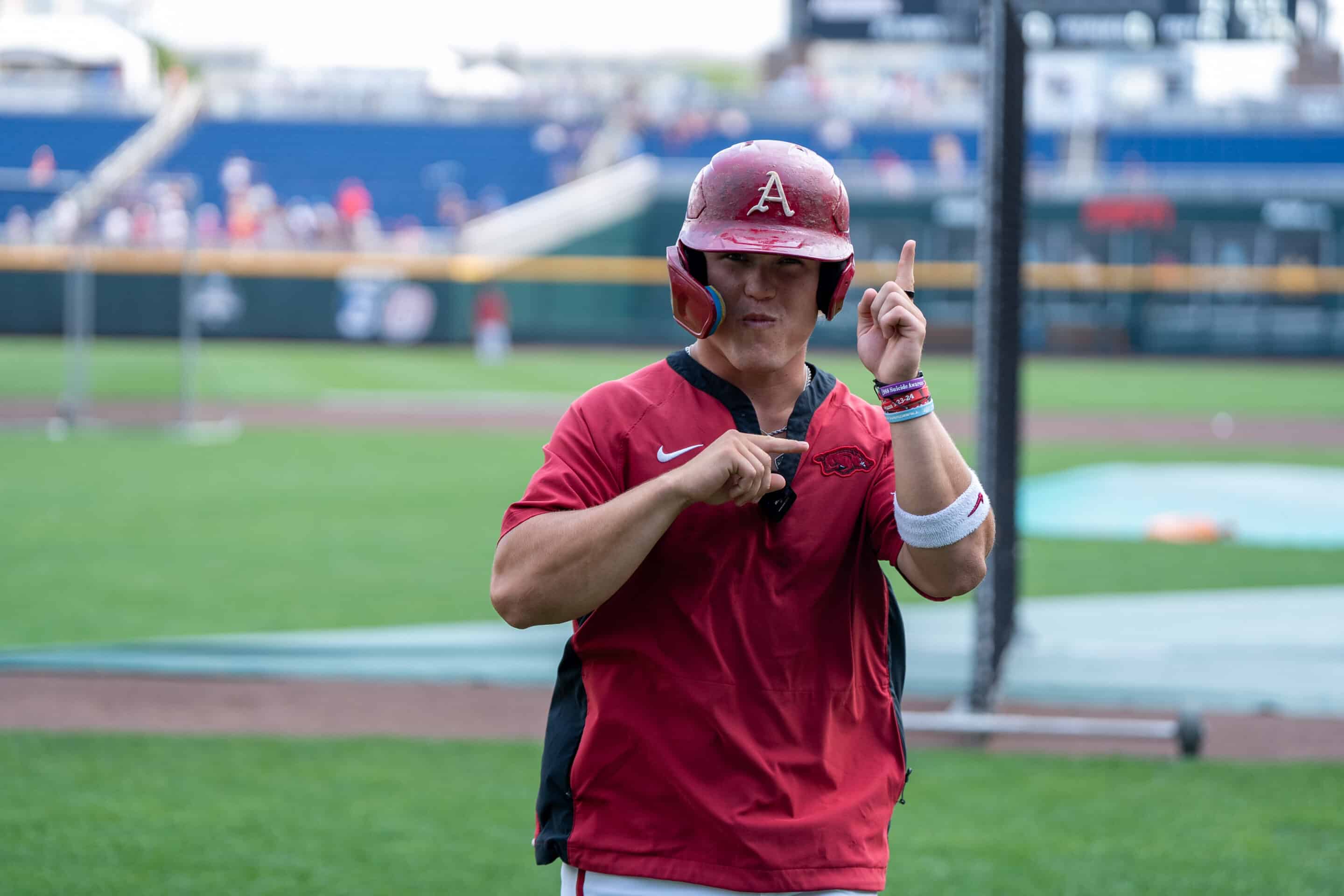 Arkansas Cam Kozeal poses during the CWS Media Day on June 12th, 2025 in Omaha, Nebraska. Photo by Brandon Tiedemann.