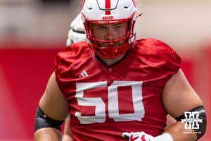Nebraska Cornhusker Rocco Spindler (50) running drills during practice on Monday, July 28, 2025 in Lincoln, Nebraska. Photo by John S. Peterson.
