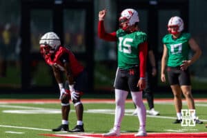 Nebraska Cornhusker Dylan Raiola (15) running passing drills during practice on Monday, July 28, 2025 in Lincoln, Nebraska. Photo by John S. Peterson.