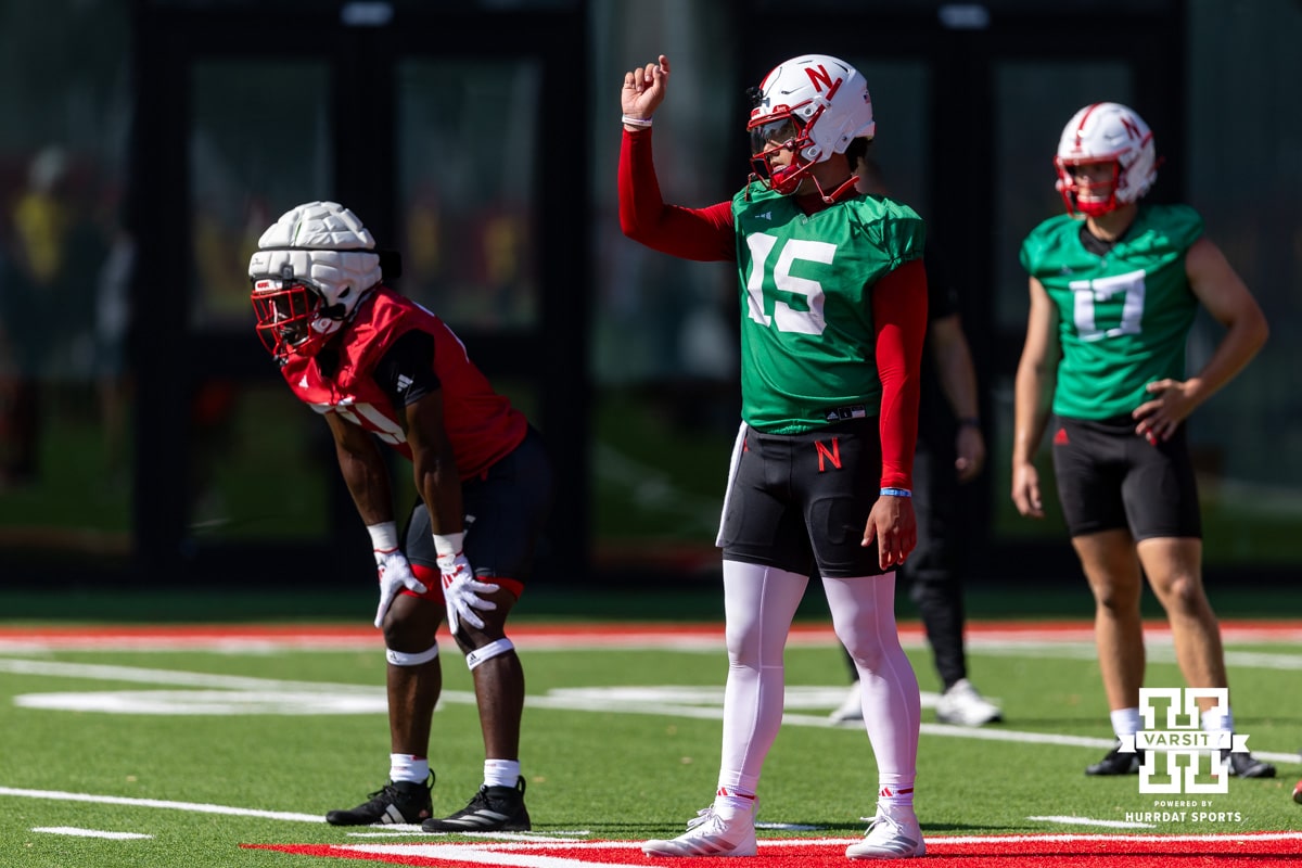 Nebraska Cornhusker Dylan Raiola (15) running passing drills during practice on Monday, July 28, 2025 in Lincoln, Nebraska. Photo by John S. Peterson.