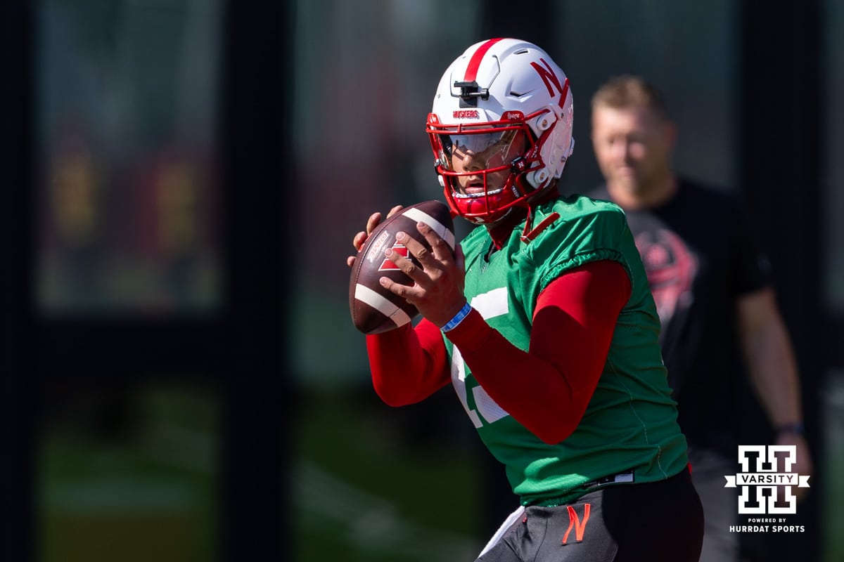 Nebraska Cornhusker Dylan Raiola (15) running passing drills during practice on Monday, July 28, 2025 in Lincoln, Nebraska. Photo by John S. Peterson.