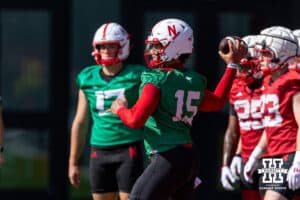 Nebraska Cornhusker Dylan Raiola (15) running passing drills during practice on Monday, July 28, 2025 in Lincoln, Nebraska. Photo by John S. Peterson.