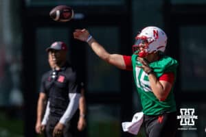 Nebraska Cornhusker Marcos Davila (16) throws a pass during practice on Monday, July 28, 2025 in Lincoln, Nebraska. Photo by John S. Peterson.
