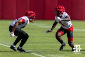 Nebraska Cornhusker Michael Booker III (43) and Vincent Shavers Jr. (1) run a drill togetherduring practice on Monday, July 28, 2025 in Lincoln, Nebraska. Photo by John S. Peterson.
