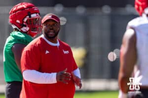 Nebraska Cornhusker defensive line coach Terry Bradden working with his players during practice on Monday, July 28, 2025 in Lincoln, Nebraska. Photo by John S. Peterson.