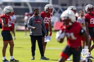 Nebraska Cornhusker receivers coach Daniel Shorts Jr. is watching the action during practice on Monday, July 28, 2025, in Lincoln, Nebraska. Photo by John S. Peterson.