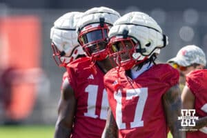 Nebraska Cornhusker Jacory Barney Jr. (17) running drills during practice on Monday, July 28, 2025 in Lincoln, Nebraska. Photo by John S. Peterson.