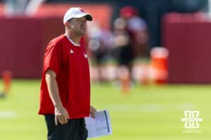 Nebraska Cornhusker co-offensive coordinator Glenn Thomas watching the action during practice on Monday, July 28, 2025 in Lincoln, Nebraska. Photo by John S. Peterson.