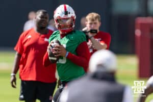 Nebraska Cornhusker Dylan Raiola (15) drops back to pass during practice on Monday, July 28, 2025 in Lincoln, Nebraska. Photo by John S. Peterson.