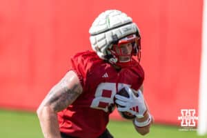 Nebraska Cornhusker Mac Markway (87) runs with the ball after making a catch during practice on Monday, July 28, 2025 in Lincoln, Nebraska. Photo by John S. Peterson.