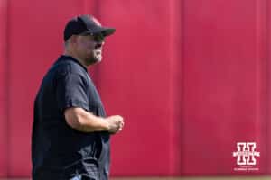 Nebraska Cornhuskers head coach Matt Rhule watching the act during practice on Monday, July 28, 2025 in Lincoln, Nebraska. Photo by John S. Peterson.