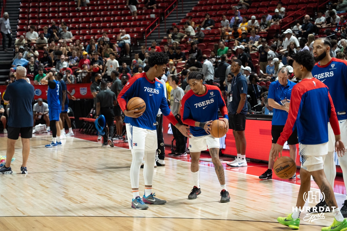 Saint Thomas and Hunter Sallis warm up before a basketball game Wednesday July 16th 2025 in Las Vegas. Photo by Brandon Tiedemann.
