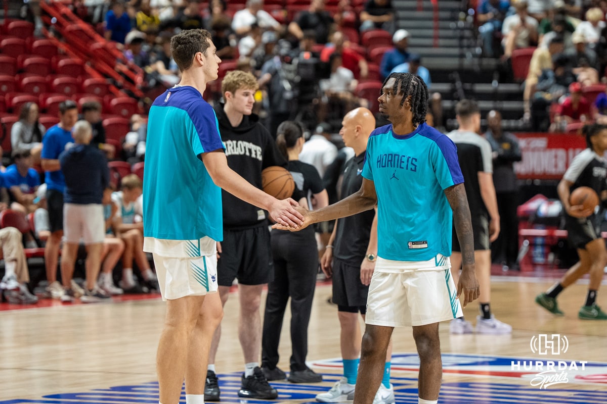 Ryan Kalkbrenner and Jamiya Neal high five before a basketball game Wednesday July 17th 2025 in Las Vegas. Photo by Brandon Tiedemann.