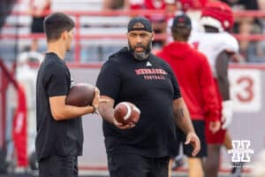 Nebraska Cornhusker outside linebackers coach Phil Simpson running drills during Nebraska’s football open scrimmage on Saturday, Aug. 2, 2025 in Lincoln, Nebraska. Photo by John S. Peterson.