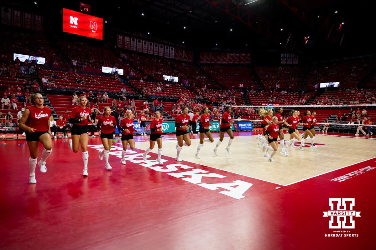 Nebraska Cornhuskers warm-up for the Red/White Scrimmage on Saturday, Aug. 9, 2025 in Lincoln, Nebraska. Photo by John S. Peterson.