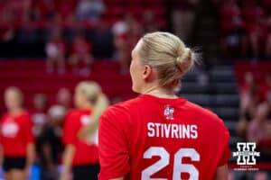Nebraska alumnus Lauren Stivrins (26) warm-up to to take on the current Nebraska Cornhuskers during the Nebraska alumni match on Saturday, Aug. 16, 2025 in Lincoln, Nebraska. Photo by John S. Peterson.