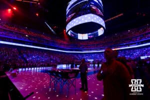 Pinnacle Bank Arena lit up with tiny lights for the National Anthem before Nebraska takes on Pitt during the AVAC Showcase volleyball match on Friday, Aug. 22, 2025, in Lincoln, Nebraska. Photo by John S. Peterson.