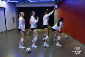 Creighton Bluejays play a little game warming up for Penn State Nittany Lions during the AVAC First Serve volleyball match on Saturday, Aug. 23, 2025 in Lincoln, Nebraska. Photo by John S. Peterson.