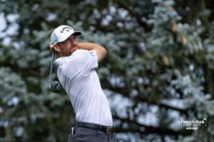 Robby Shelton hits the ball off the teebox during the Pinnacle Bank Championship on Sunday, Aug. 10, 2025 in Elkhorn, Nebraska. Photo by John S. Peterson.
