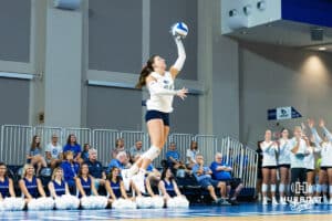 Sydney Breissinger serves the ball during the Creighton Volleyball Exhibition game vs Colorado State on August 16th, 2025 in Omaha, Nebraska. Photo by Drew Balus