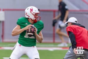 Nebraska Cornhusker Jalyn Gramstad (12) drops back to throw a pass during Nebraska’s football open scrimmage on Saturday, Aug. 2, 2025 in Lincoln, Nebraska. Photo by John S. Peterson.