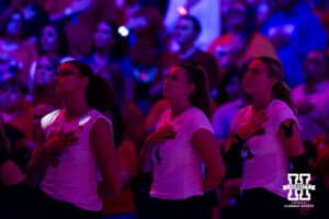 Nebraska Cornhuskers line for the National Anthem before taking on the Pittsburgh Panthers during the AVAC Showcase volleyball match on Friday, Aug. 22, 2025, in Lincoln, Nebraska. Photo by John S. Peterson.