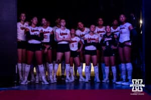 Nebraska Cornhuskers watching the hype video before introductions to take on the Stanford Cardinals during the AVAC First Serve volleyball match on Sunday, Aug. 24, 2025 in Lincoln, Nebraska. Photo by John S. Peterson.