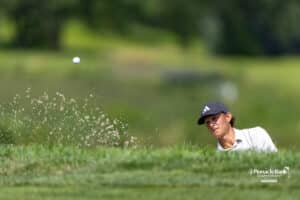 Peter Kuest hits the ball out a bunker on the 8th during the Pinnacle Bank Championship on Sunday, Aug. 10, 2025 in Elkhorn, Nebraska. Photo by John S. Peterson.