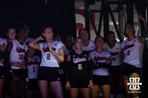 Nebraska Cornhuskers watch the hype video before the introduction to take on the Pittsburgh Panthers during the AVAC Showcade volleyball match on Friday, Aug. 22, 2025, in Lincoln, Nebraska. Photo by John S. Peterson.