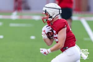 Nebraska Cornhusker Danny King (49) running with the ball during Nebraska’s football open scrimmage on Saturday, Aug. 2, 2025 in Lincoln, Nebraska. Photo by John S. Peterson.