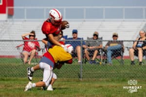 A Sandy Creek player makes the tackle during a football practice on Friday, August 22, 2025, Fairfield, Nebraska. Photo by Braden Cochran
