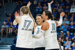 Ava Martin and Eloise Brandewie are all smiles after the point during the Creighton Volleyball Exhibition game vs Colorado State on August 16th, 2025 in Omaha, Nebraska. Photo by Drew Balus
