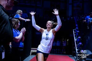 Creighton Bluejay Ava Marti (8) waves to the fans as she takes the court for introductions before taking on Penn State Nittany Lions during the AVAC First Serve volleyball match on Saturday, Aug. 23, 2025 in Lincoln, Nebraska. Photo by John S. Peterson.