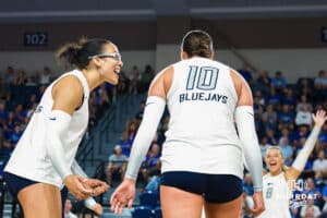 Destiny Ndam-Simpson screams after the point scored during the Creighton Volleyball Exhibition game vs Colorado State on August 16th, 2025 in Omaha, Nebraska. Photo by Drew Balus